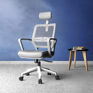 SitEase WHITE frame, Grey fabric-seat, Grey Meshback Midback chair, tilt/swivel WITH HEADREST