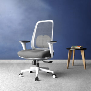 PosturePro White frame, Dark grey fabric seat, Black-grey mesh back, High-back chair, syncro, seat slider