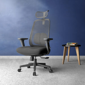 PosturePro Black frame, Dark Grey Fabric Seat, Black-Grey Mesh Back, High-back chair, Syncro, Seat Slider WITH HEADREST