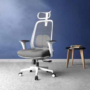PosturePro WHITE Frame, Dark Grey Fabric Seat, Black-Grey Mesh Back, High-Back Chair, Syncro, Seat Slider WITH HEADREST